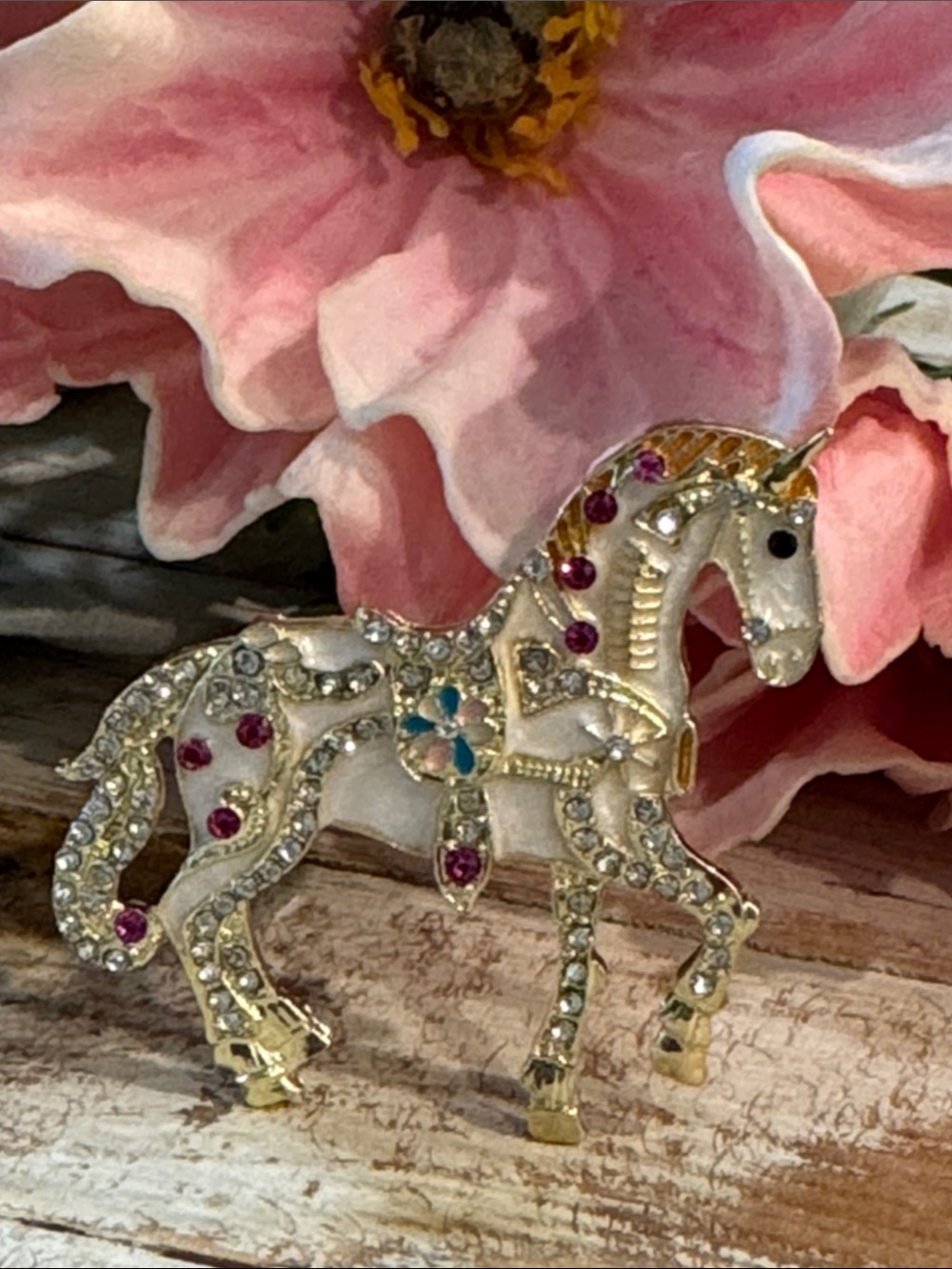 Embellished Pink Carousel Horse Brooch by